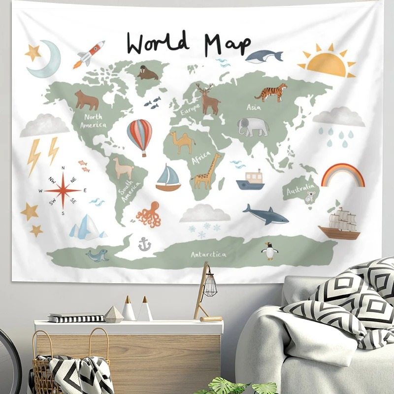 Kids Education Background - Tapeçaria de Mapa Mundial de Animais